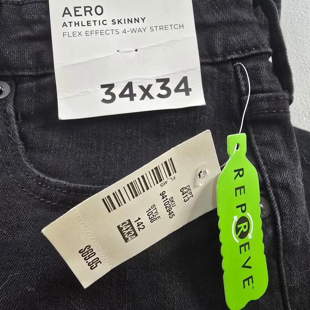 Aeropostale Aero Athletic Skinny Jeans Men's 34 x 34 Black Distressed NWT